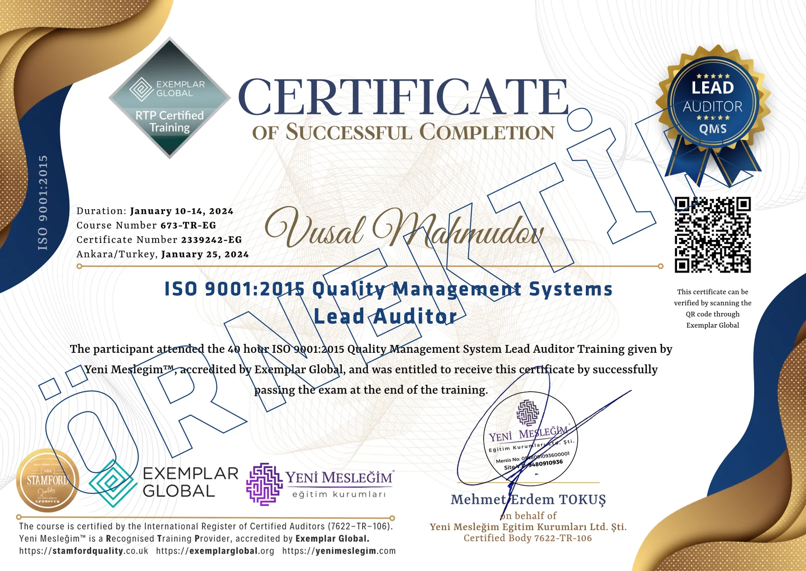 Exemplar Global Onaylı ISO 9001 Baş Denetçi Sertifikası - Yeni Mesleğim Eğitim Kurumları