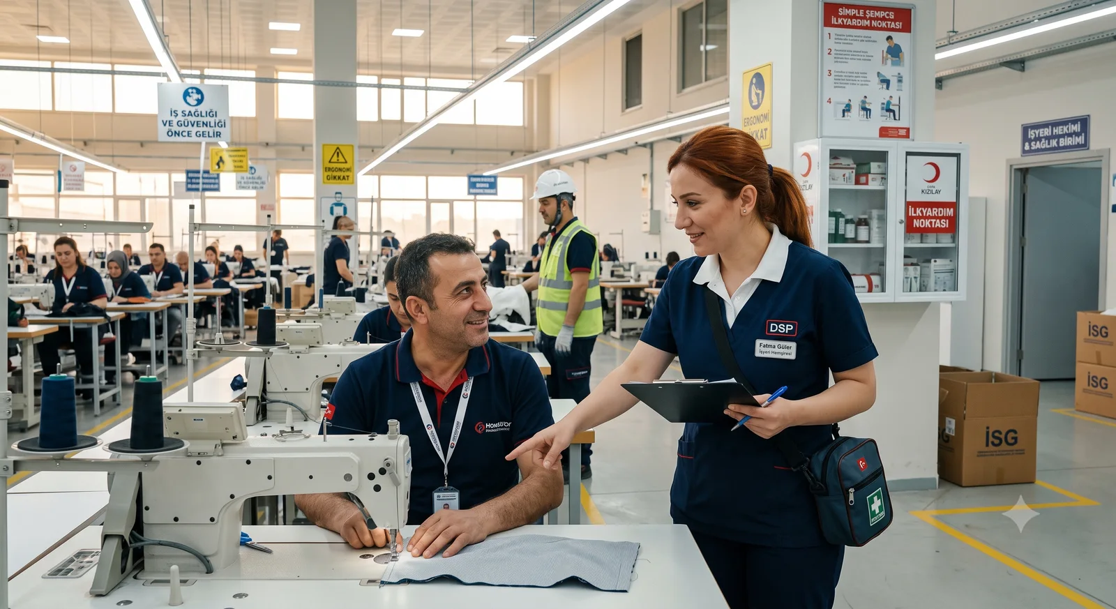 İzmir tekstil fabrikasında bir işyeri hemşiresi, dikiş makinesi operatörüne ergonomik duruş eğitimi veriyor ve sağlık birimi panosu önünde duruyor.