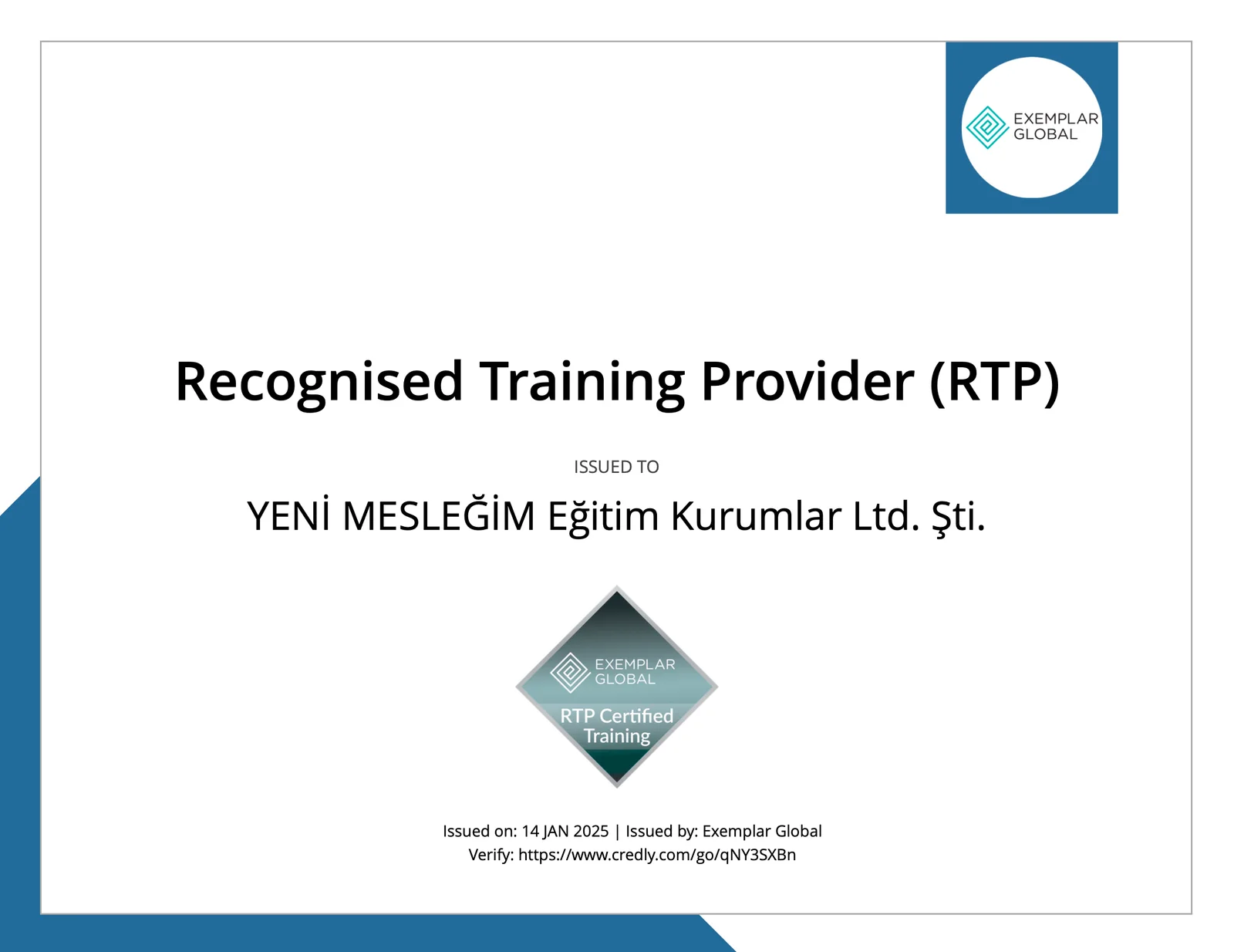 Yeni Mesleğim Eğitim Kurumları Exemplar Global RTP Yetki Belgesi