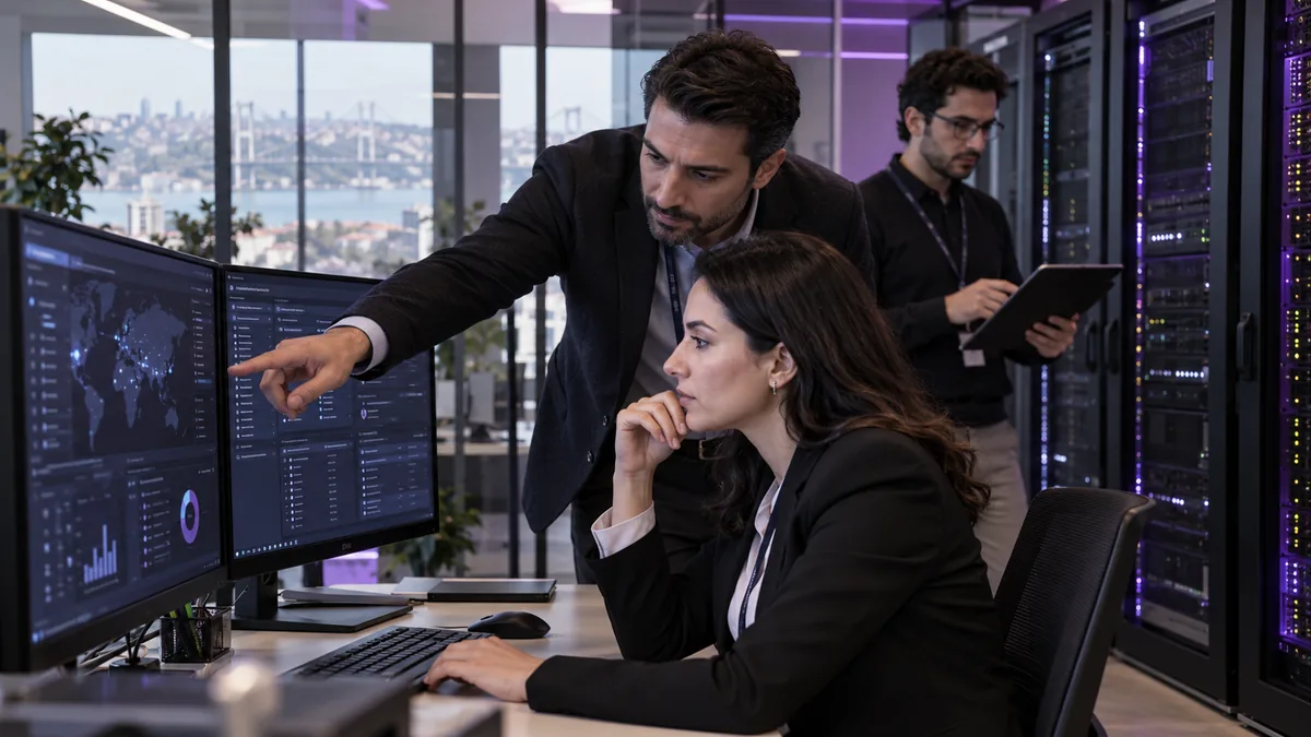 Bilgi güvenliği risklerini ve erişim kontrollerini inceleyen uzmanlar
