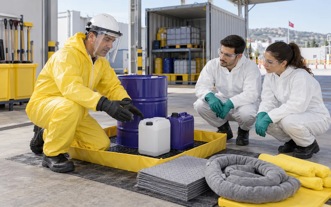 Kontrollü sahada güvenli tehlikeli madde müdahalesini anlatan HAZMAT eğitmeni