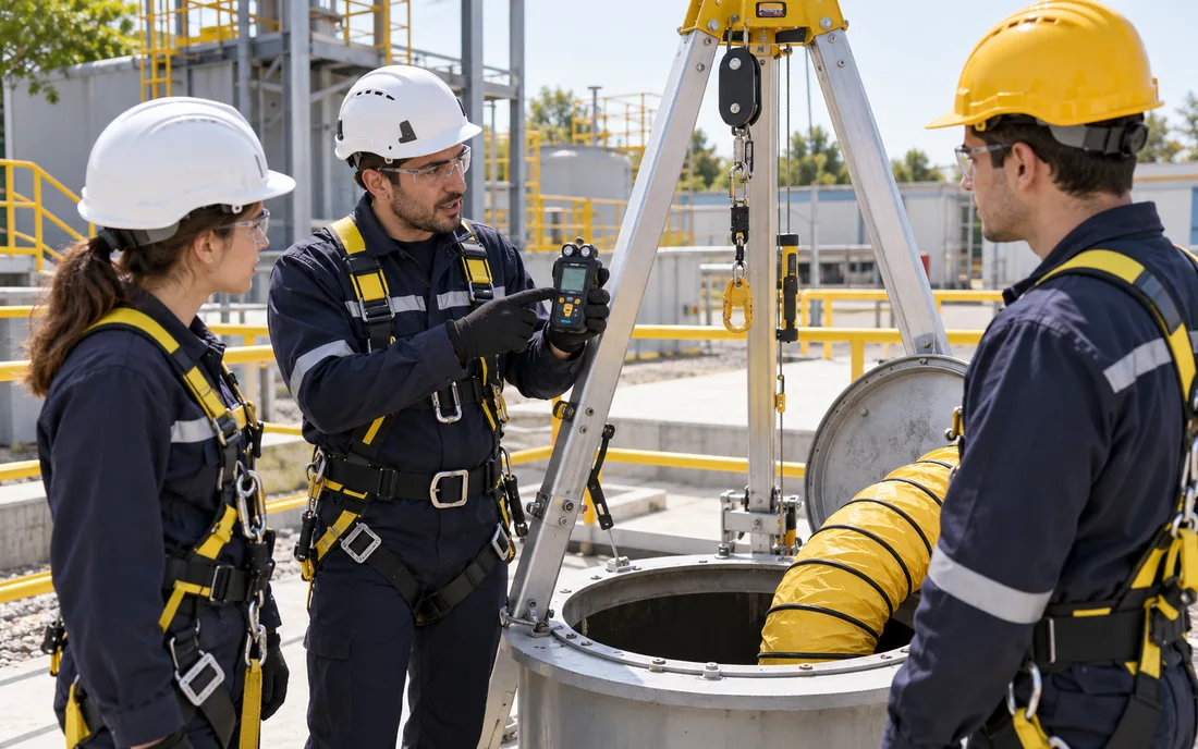 Kapalı alan giriş ekipmanını ve gaz ölçüm cihazını güvenli sahada anlatan eğitmen