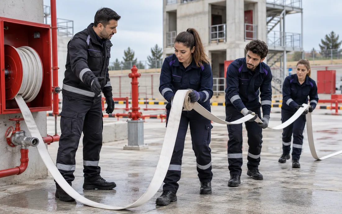 Yangın eğitim sahasında hortum açma çalışması yapan eğitmen ve katılımcılar