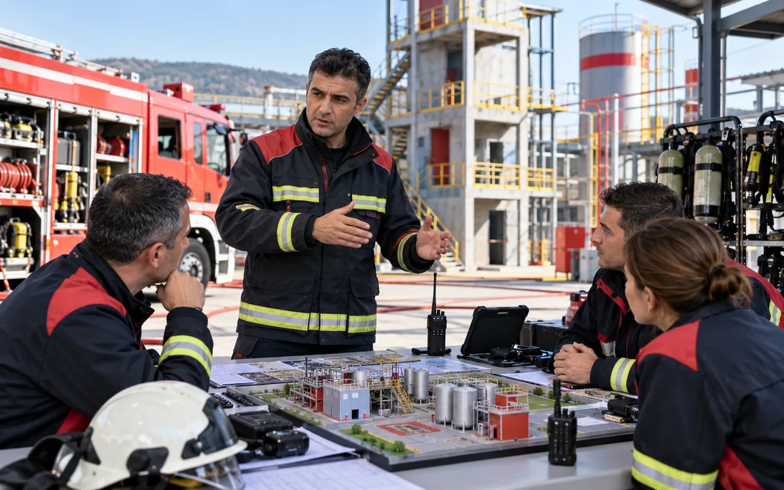 İleri seviye yangın müdahale planını saha modeli üzerinde anlatan eğitmen